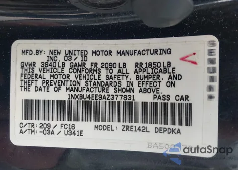 2010 Toyota Corolla Le из США, поврежденный, VIN 1NXBU4EE9AZ377831